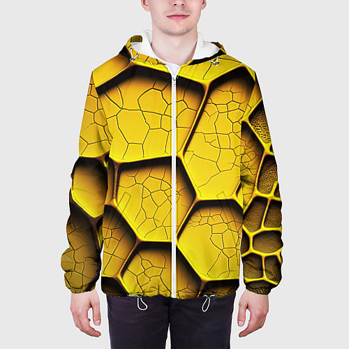 Мужская куртка Желтые шестиугольники с трещинами - объемная текст / 3D-Белый – фото 3