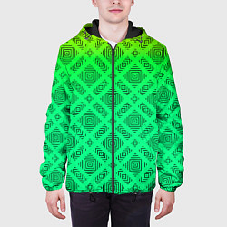 Куртка с капюшоном мужская Желто-зеленый градиентный фон с геометрическим узо, цвет: 3D-черный — фото 2