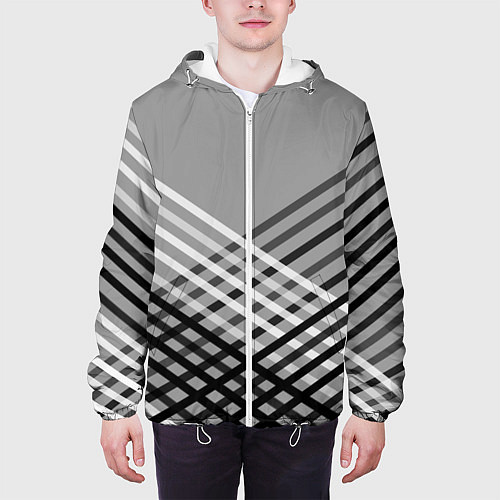 Мужская куртка Косые черно-белые полосы на сером / 3D-Белый – фото 3