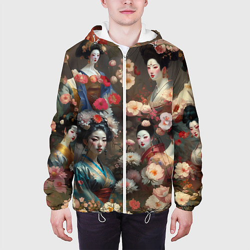 Мужская куртка Гейша в цветах / 3D-Белый – фото 3