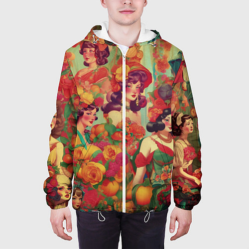 Мужская куртка Винтажные ретро леди и цветы / 3D-Белый – фото 3
