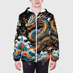 Куртка с капюшоном мужская Дракон на волнах в японском стиле арт, цвет: 3D-белый — фото 2