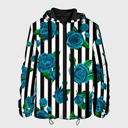 Куртка с капюшоном мужская Полосы и бирюзовые розы, цвет: 3D-черный