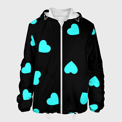 Куртка с капюшоном мужская С голубыми сердечками на черном, цвет: 3D-белый