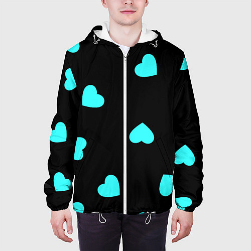 Мужская куртка С голубыми сердечками на черном / 3D-Белый – фото 3