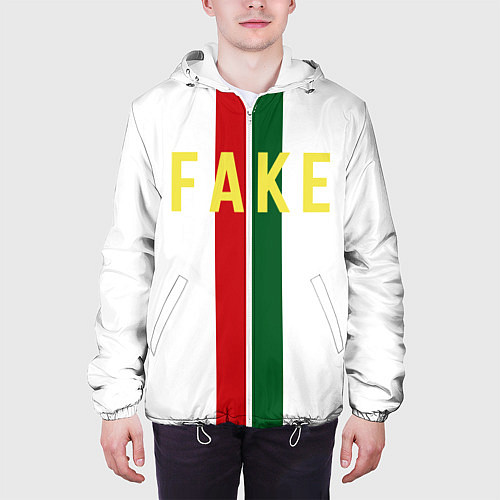 Мужская куртка Зелёная и красная полосы с надписью Fake / 3D-Белый – фото 3
