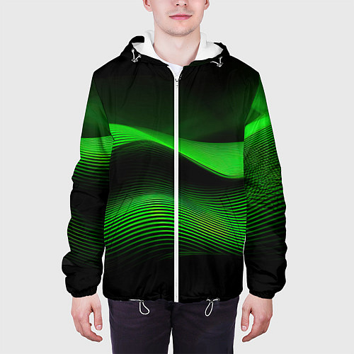 Мужская куртка Зеленые абстрактные волны / 3D-Белый – фото 3