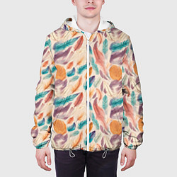 Куртка с капюшоном мужская Разноцветные перья узор, цвет: 3D-белый — фото 2