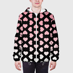Куртка с капюшоном мужская Розовые сердечки на чёрном, цвет: 3D-белый — фото 2
