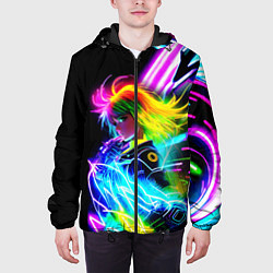 Куртка с капюшоном мужская Огненная девчонка - киберпанк - неоновое свечение, цвет: 3D-черный — фото 2