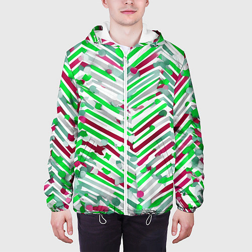Мужская куртка Новогодние линии зелёный и красный / 3D-Белый – фото 3
