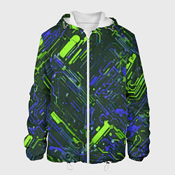 Куртка с капюшоном мужская Киберпанк линии зелёные и синие, цвет: 3D-белый