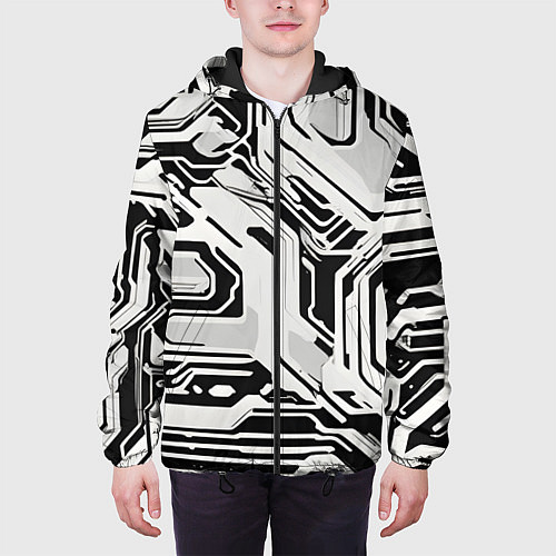 Мужская куртка Киберпанк белые полосы на чёрном фоне / 3D-Черный – фото 3