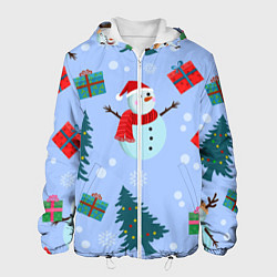 Куртка с капюшоном мужская Снеговики с новогодними подарками паттерн, цвет: 3D-белый