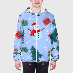 Куртка с капюшоном мужская Снеговики с новогодними подарками паттерн, цвет: 3D-белый — фото 2