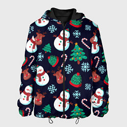 Куртка с капюшоном мужская Снеговички с рождественскими оленями и елками, цвет: 3D-черный