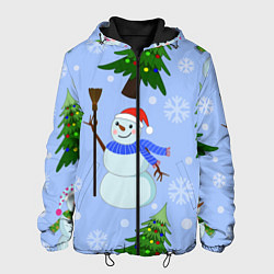 Куртка с капюшоном мужская Снеговики с новогодними елками паттерн, цвет: 3D-черный