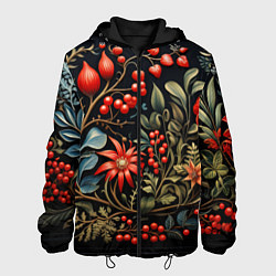 Куртка с капюшоном мужская Новогодние ягоды и цветы, цвет: 3D-черный