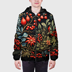 Куртка с капюшоном мужская Новогодние ягоды и цветы, цвет: 3D-черный — фото 2