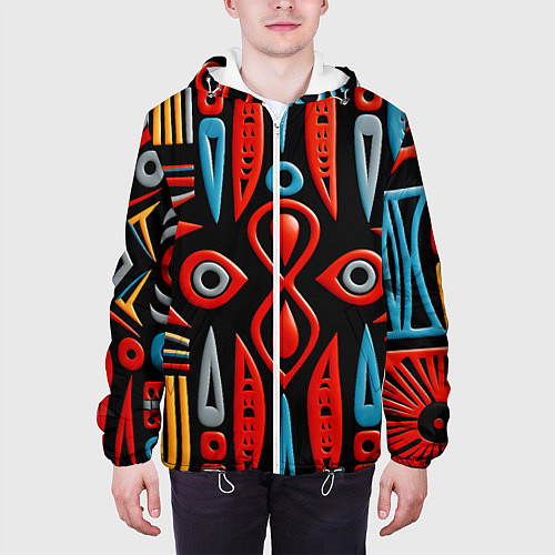 Мужская куртка Красно-синий узор в африканском стиле / 3D-Белый – фото 3