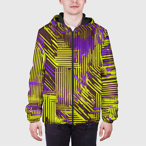 Мужская куртка Киберпанк линии фиолетовые и жёлтые / 3D-Черный – фото 3