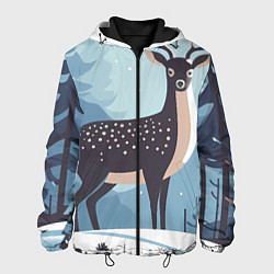 Куртка с капюшоном мужская Зимняя сказка олень в лесу, цвет: 3D-черный