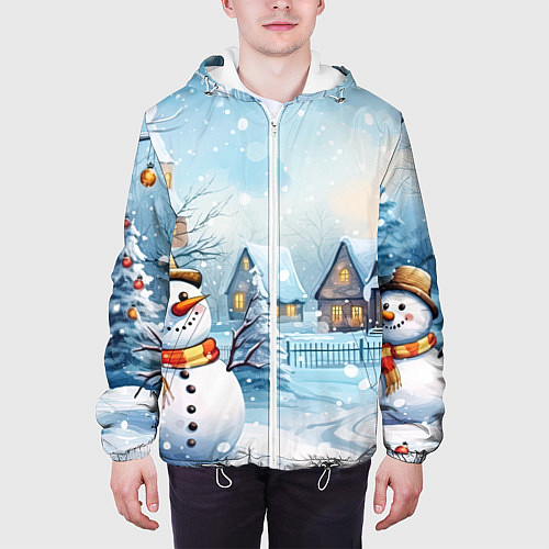Мужская куртка Новогодний городок и снеговики / 3D-Белый – фото 3