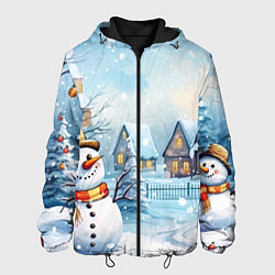 Куртка с капюшоном мужская Новогодний городок и снеговики, цвет: 3D-черный