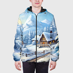 Куртка с капюшоном мужская Новогодняя зимняя деревня, цвет: 3D-черный — фото 2
