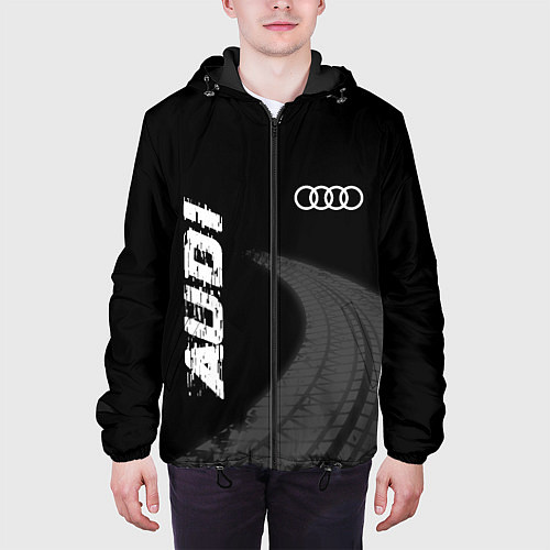 Мужская куртка Audi speed на темном фоне со следами шин вертикаль / 3D-Черный – фото 3