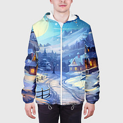 Куртка с капюшоном мужская Зимняя новогодняя деревня, цвет: 3D-белый — фото 2