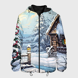 Куртка с капюшоном мужская Деревянный зимний домик, цвет: 3D-черный