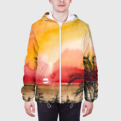 Куртка с капюшоном мужская Тропический закат акварель, цвет: 3D-белый — фото 2