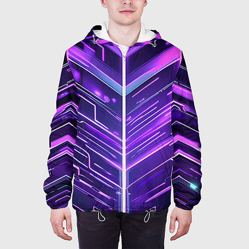 Мужская куртка Фиолетовые неон полосы киберпанк / 3D-Белый – фото 3