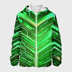 Куртка с капюшоном мужская Зелёные неон полосы киберпанк, цвет: 3D-белый