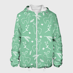 Куртка с капюшоном мужская Зеленый рождественский узор с оленями, цвет: 3D-белый