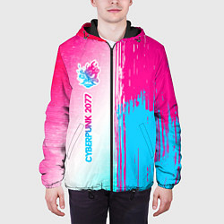 Куртка с капюшоном мужская Cyberpunk 2077 neon gradient style по-вертикали, цвет: 3D-черный — фото 2