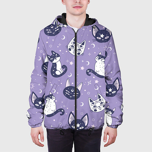 Мужская куртка Мистические кошечки - паттерн фиолетовый / 3D-Черный – фото 3