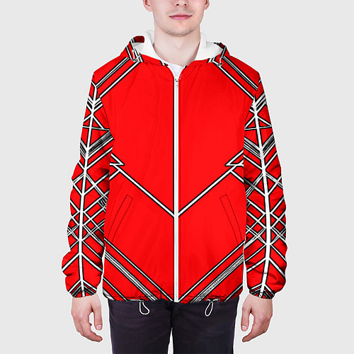 Мужская куртка Белые полосы на красном фоне / 3D-Белый – фото 3
