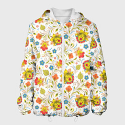 Мужская куртка Хохломская роспись разноцветные цветы на белом фон