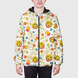Куртка с капюшоном мужская Хохломская роспись разноцветные цветы на белом фон, цвет: 3D-черный — фото 2