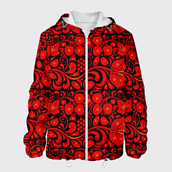 Куртка с капюшоном мужская Хохломская роспись красные цветы и ягоды на чёрном, цвет: 3D-белый