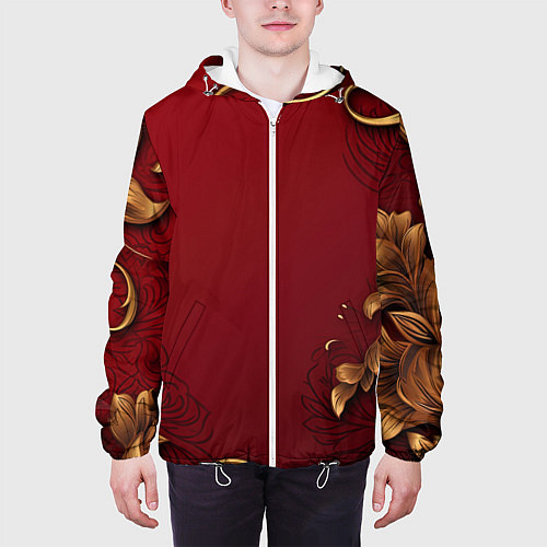 Мужская куртка Узоры золотые на красном фоне / 3D-Белый – фото 3