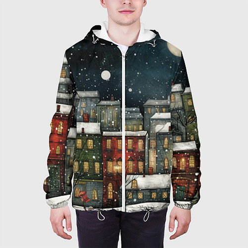 Мужская куртка Новогодний рисованный город / 3D-Белый – фото 3