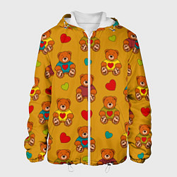 Куртка с капюшоном мужская Игрушечные мишки и разноцветные сердца, цвет: 3D-белый