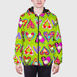 Куртка с капюшоном мужская Разноцветные сердца в мексиканском стиле, цвет: 3D-черный — фото 2