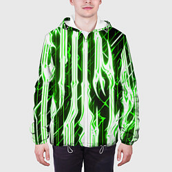 Куртка с капюшоном мужская Зелёные неоновые полосы на чёрном фоне, цвет: 3D-белый — фото 2