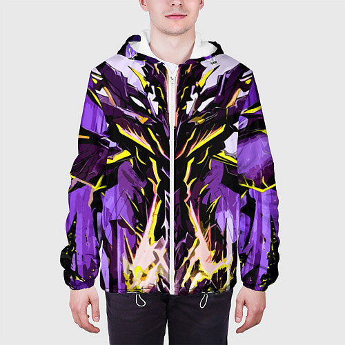 Мужская куртка Чёрно-жёлтая агрессивная абстракция на фиолетовом / 3D-Белый – фото 3