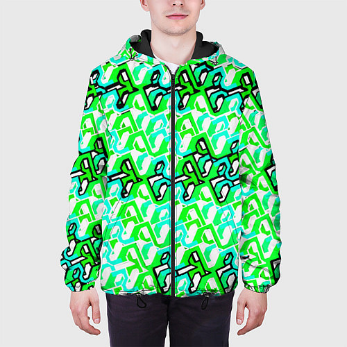 Мужская куртка Зелёный узор и бело-чёрная обводка / 3D-Черный – фото 3