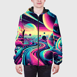 Куртка с капюшоном мужская Неоновый космос - нейросеть, цвет: 3D-черный — фото 2